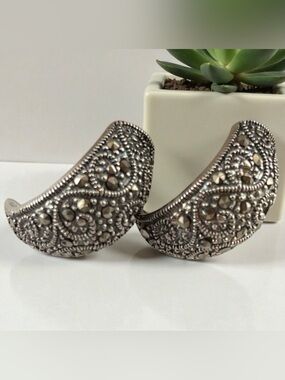 Vintage Sterling Silver Marcasite Signed 925 Thailand NP Huggie Hoop Earrings